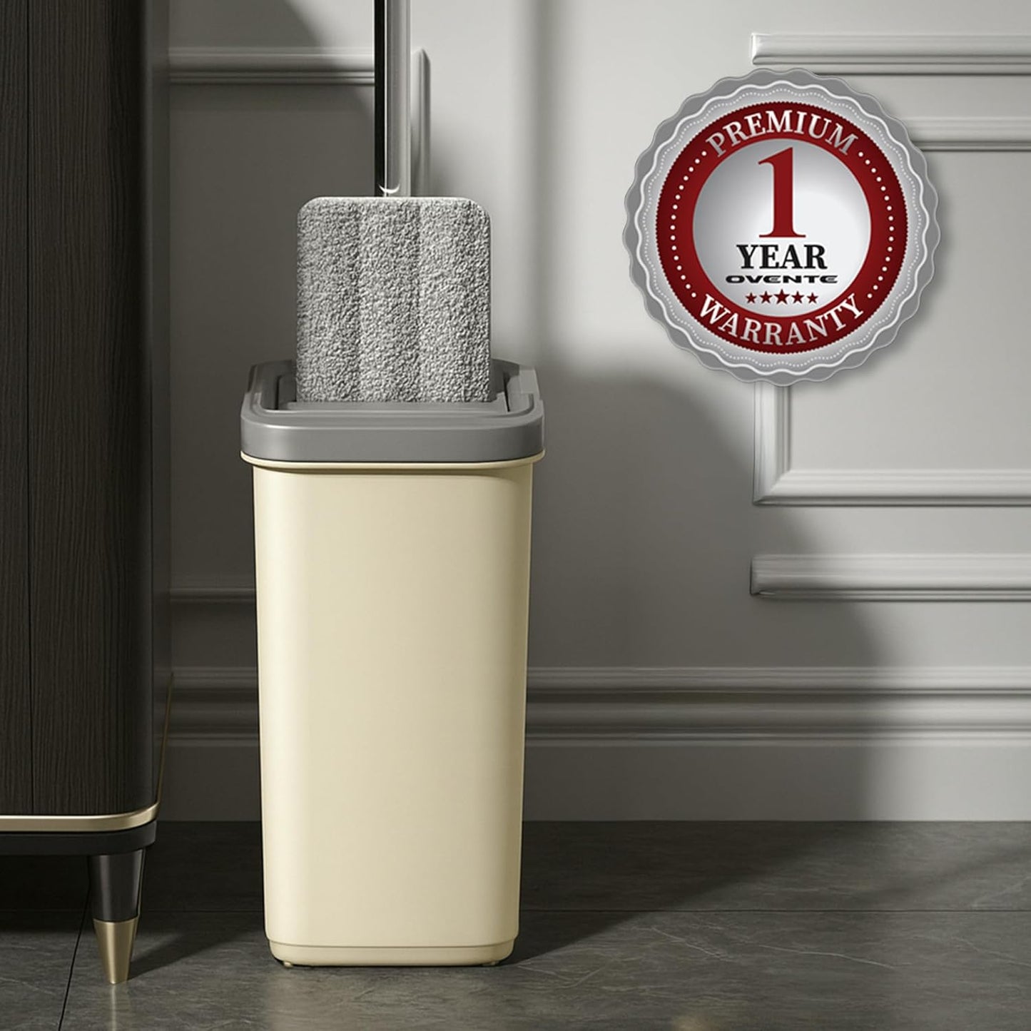 OVENTE Mop and Bucket with Wringer Set, Hands-Free Self-Cleaning Flat Floor Mop with Washable Microfiber Pad, Home Cleaner for Smooth Wall, Hardwood, Tile, Laminate and Glass Windows, Beige MBP32BGG