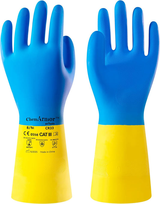 AnTools 2 Pairs Neoprene and Rubber Blend Heavy-Duty Chemical Gloves, Protective industrial gloves for Resist Acid, Alkali, Hazmat, cleaning, dishwashing, X-Large