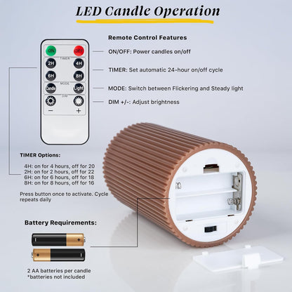 Fluted Ribbed LED Pillar Candles, Cream Beige, with Reflective Melted-Wax Effect – Flickering Flame, Remote, Dimmable, Flameless, Battery Operated, Home & Wedding Decor (Set of 3)
