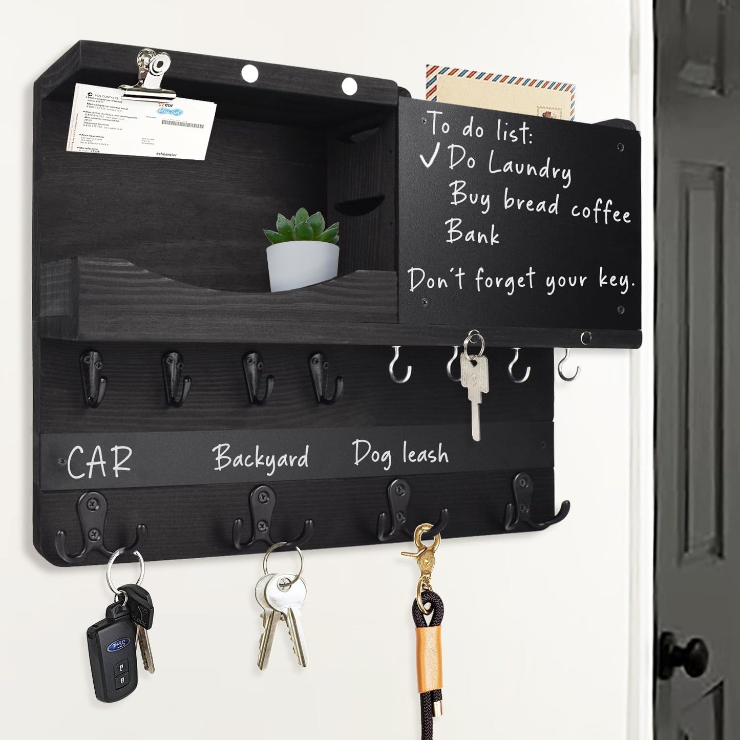 Key Holder for Wall Mount with Shelf and Mail Organizer, Key and Mail Holder with 16 Hooks, Farmhouse Entryway Organizer, Home Decor Rack (Pine Wood, Black)