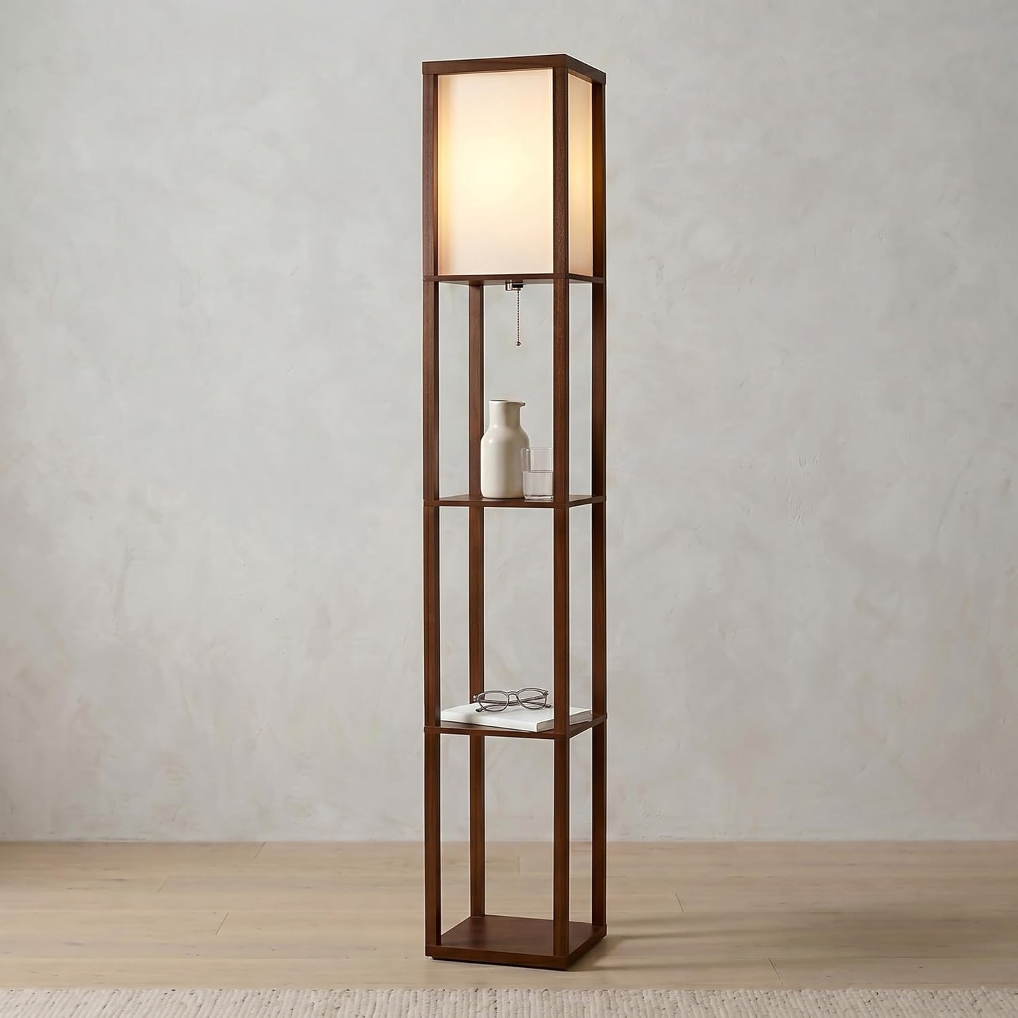 Brightech Maxwell - Modern Shelf Floor Lamp with Lamp Shade & Warm White LED Bulb, Corner Display Floor Lamp with Shelves for Living Room, Bedroom, Nightstand Office, Home Decor Storage - Natural Wood