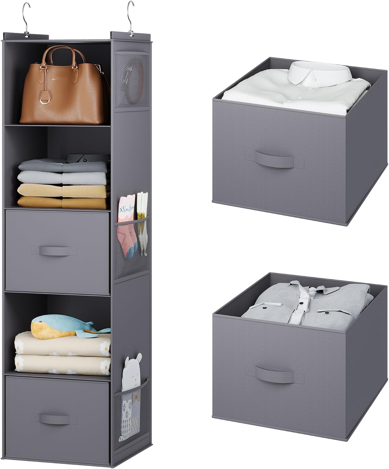 YOUDENOVA Hanging Closet Organizer, 5 Tier Hanging Closet Shelves with 6 Side Pockets and 2 Drawers, Black