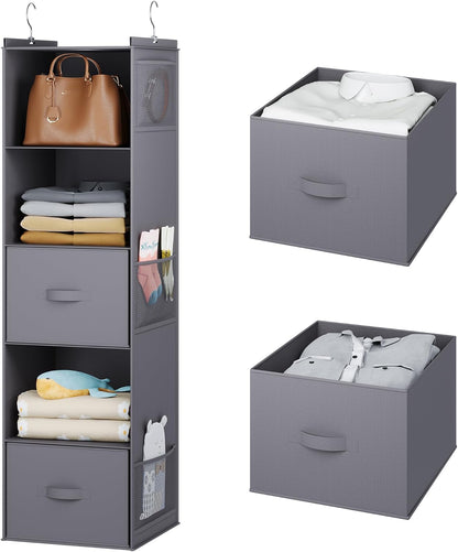 YOUDENOVA Hanging Closet Organizer, 5 Tier Hanging Closet Shelves with 6 Side Pockets and 2 Drawers, Black