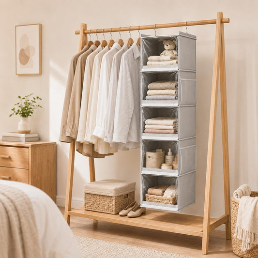 Vailando Hanging Closet Organizer – 5 Shelf Closet Hanging Storage Shelves with Clear Dust-Proof Covers for Clothes, Shoes, Purses, Gray