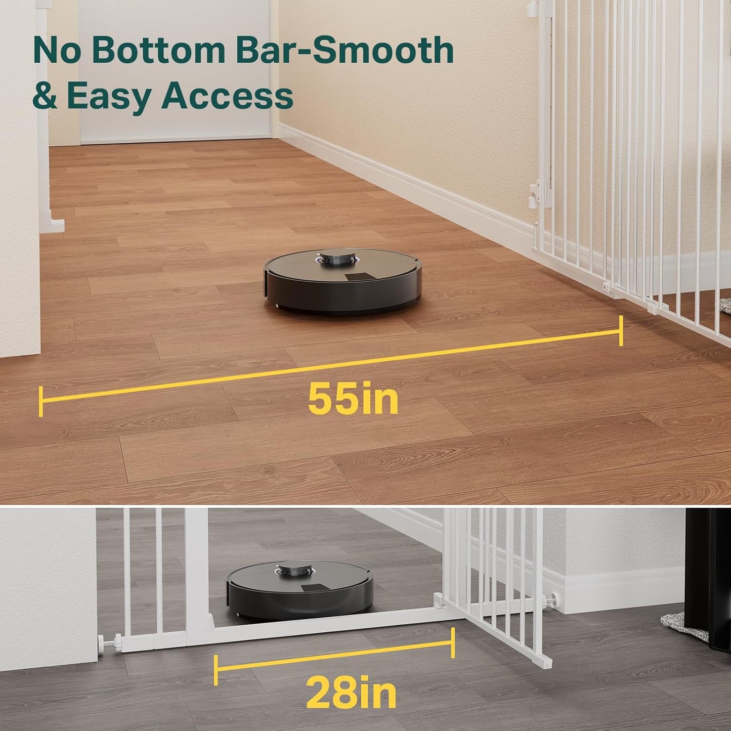 Cumbor 29.2–43" Baby Gate for Stairs, Hardware Mounted (Drill Required), Expandable No Bottom Bar Dog Gate, Auto Close Extra Wide Walk Thru, Pet & Toddler Proof Gate, Top & Bottom of Stairways (White)