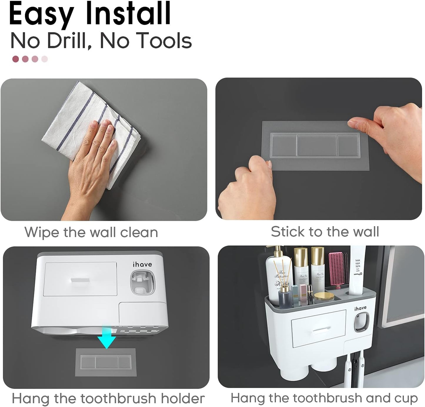 iHave Toothbrush Holders for Bathrooms, 2 Cups Toothbrush Holder Wall Mounted with Toothpaste Dispenser - Large Capacity Tray, Cosmetic Drawer - Tooth Brushing Holder & Bathroom Accessories