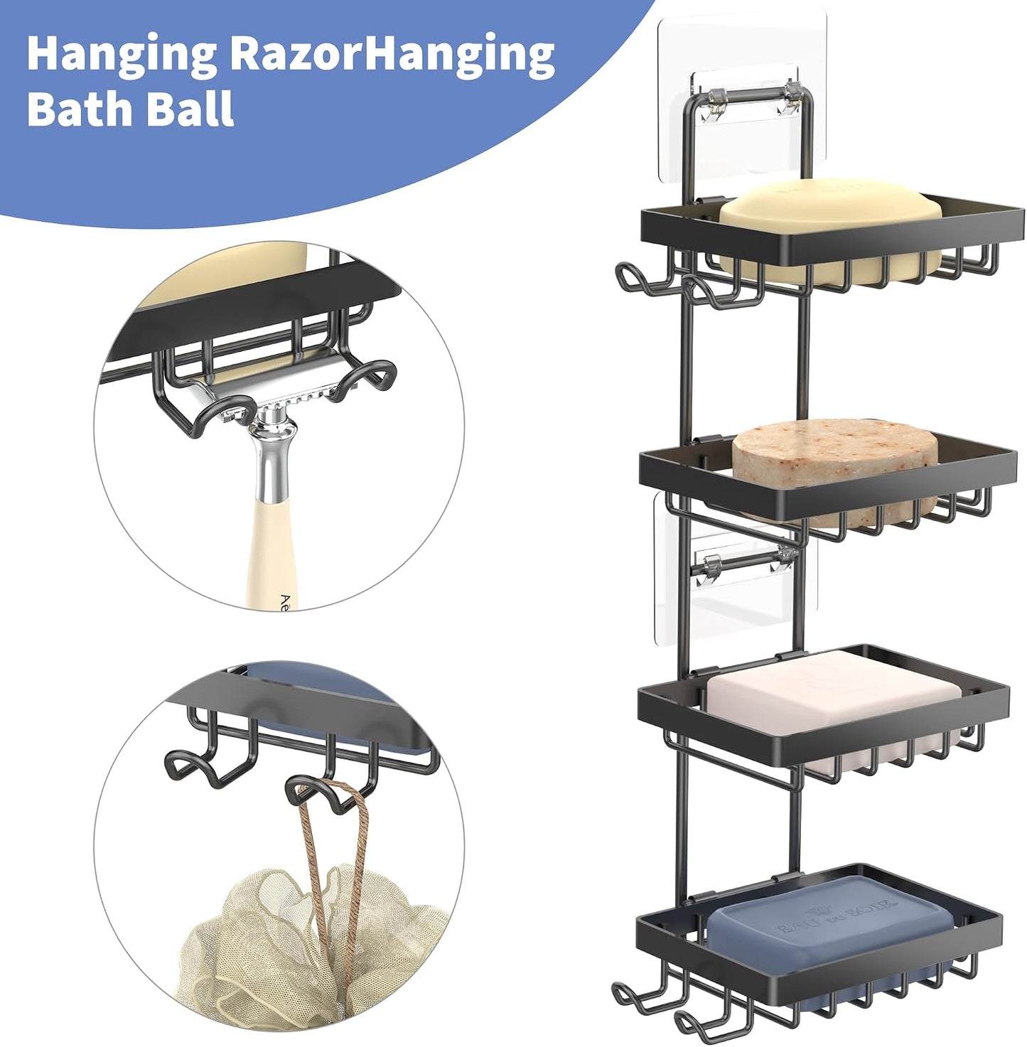 Moforoco Double Soap Bar Holder for Shower, No Drilling, 304 Stainless Steel, Wall Mounted Soap Holder with 4 Hooks and Razor Holder, Shower Rack Soap Tray Bar Soap for Bathroom Accessories Organizer