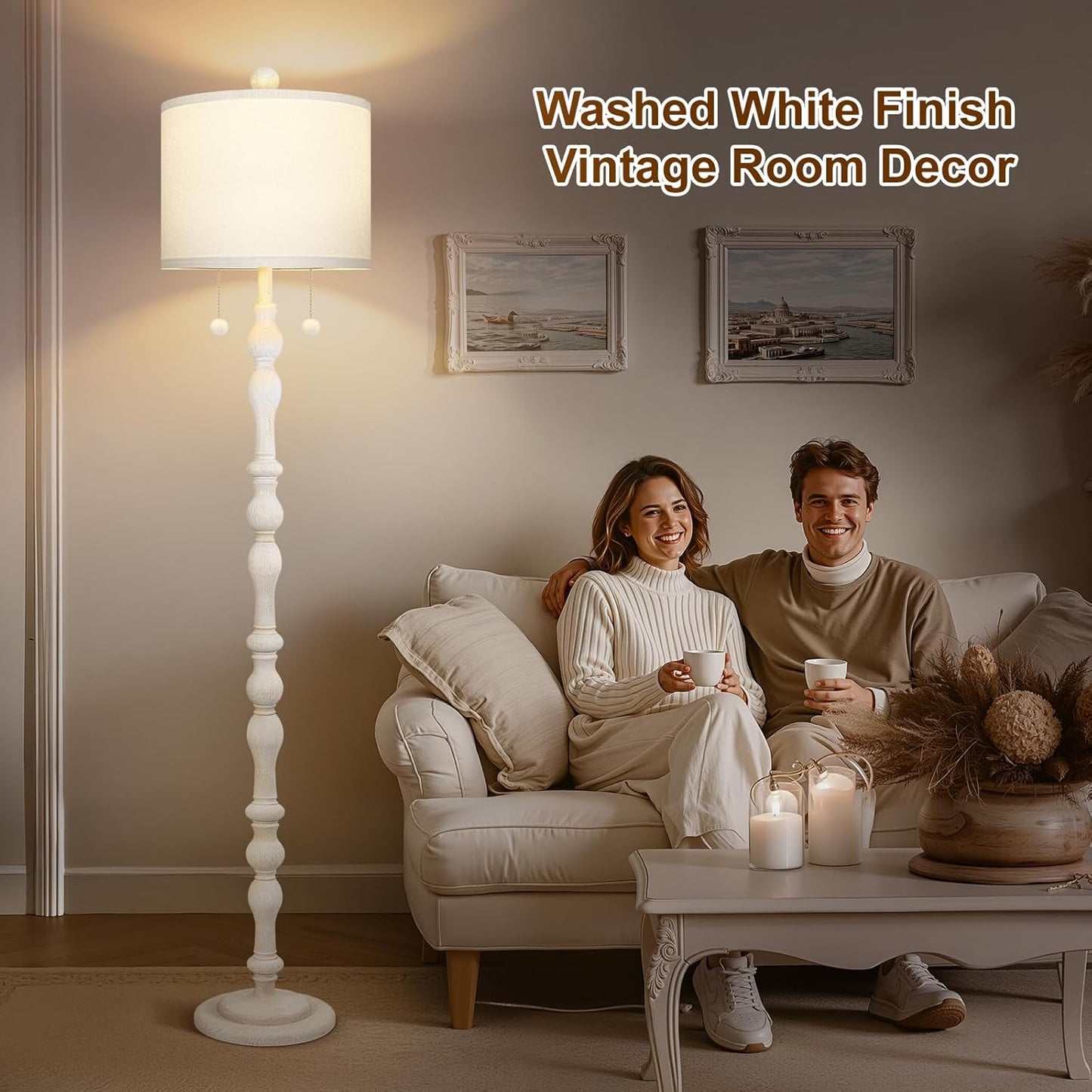 Scenekoy 65.5” Natural Real Wood Floor Lamp for Living Room Bedroom, Dual S Cluster Socket, Pull Chains Switch, Farmhouse Tall Standing Lamp with Linen Shade for Home Room Decor (Bulbs Included)