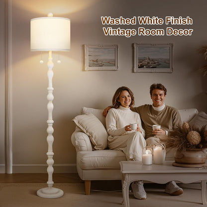 Scenekoy 65.5” Natural Real Wood Floor Lamp for Living Room Bedroom, Dual S Cluster Socket, Pull Chains Switch, Farmhouse Tall Standing Lamp with Linen Shade for Home Room Decor (Bulbs Included)