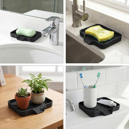 Silicone Bathroom Soap Dishes with Drain Spout Soap Dispenser Tray Sponge Holder Self Draining Kitchen Sink Counter Organizer Caddy for Dispenser Scrubber Bottle Cup(Black)