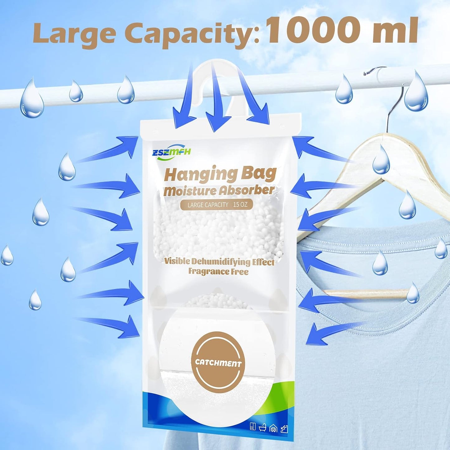 ZSZMFH 6 Pack Moisture Absorber & Max Odor Eliminator Hanging Bag, Charcoal Smell Remove Damp Musty Smell,Hanging Closet Dehumidifier Bags with 25g of Activated Charcoal (220g/pack)…