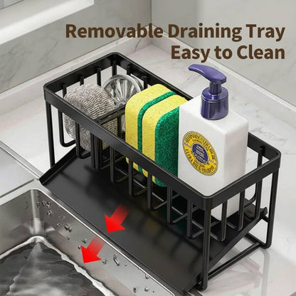Kitchen Sink Sponge Holder, 304 Stainless Steel Soap Dispenser Caddy Organize, Kitchen Sink Brush Caddy Holder with Removable Drain Tray
