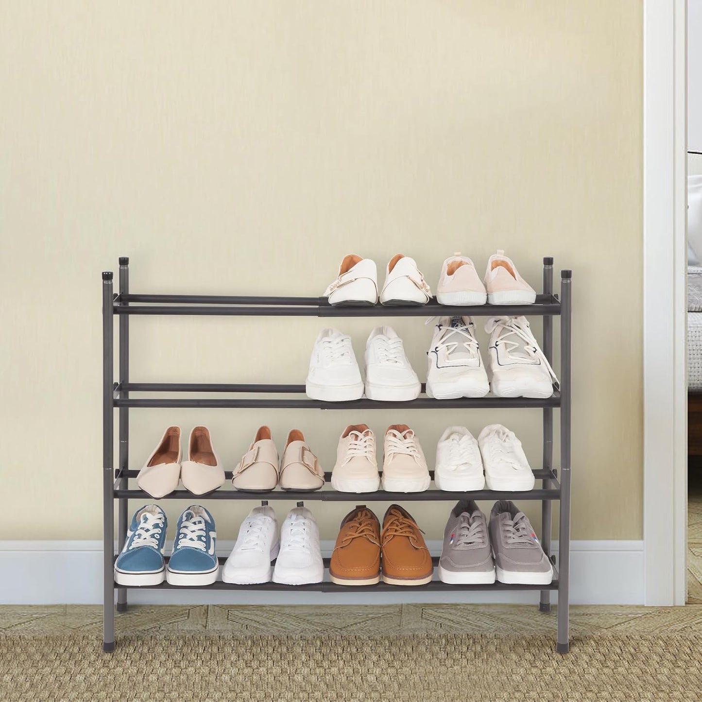STORAGE MANIAC Expandable Shoe Rack for Closet, 8 Pairs Stackable Small Shoe Rack, Metal Adjustable Shoes Organizer for Entryway, Hallway, Garage, Front Door, Shoes Shelves, Black 2 Tier