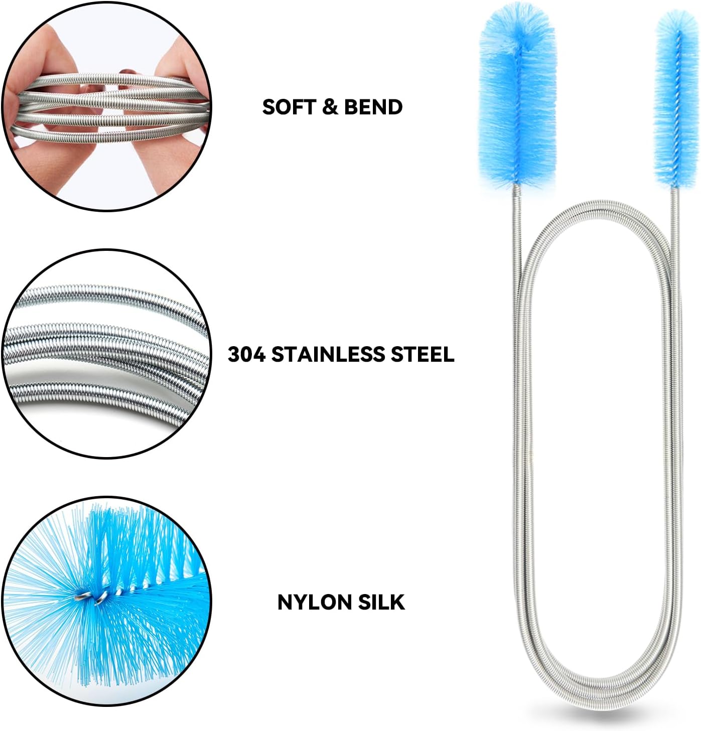 Flexible Drain Brush, 66 Inch Long Double Ended Hose Pipe and 58 Inch Tube Cleaning Brush and 2 Pack 8 Inch Straw Cleaner Brush