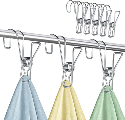 12+2 PCS 304 Stainless Steel Short Tail Hanger Clip with Hook, Durable Hanging Clips, Heavy Duty Multifunctional Hangers Use for Display Storage Items