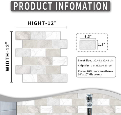 10 Sheets Peel and Stick Backsplash for Kitchen 12"X12" Renter Friendly Backsplash Back Splash Adhesive Subway Wall for Bathroom Tile Sticker Off-White Marble （Not 3D Tile