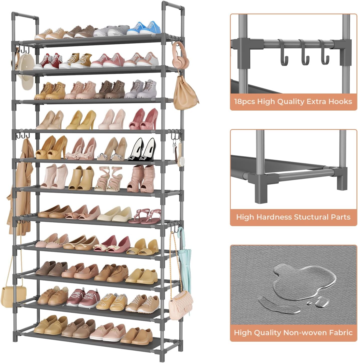 LANTEFUL 10 Tiers Shoe Rack 50 Pairs Large Capacity Tall Shoe Organizer Sturdy Shoe Storage with Two Hooks Space Saving Metal Wide Shoe Rack for Closet, Entryway, Bedroom, Black