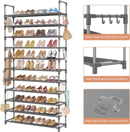 LANTEFUL 10 Tiers Shoe Rack 50 Pairs Large Capacity Tall Shoe Organizer Sturdy Shoe Storage with Two Hooks Space Saving Metal Wide Shoe Rack for Closet, Entryway, Bedroom, Black