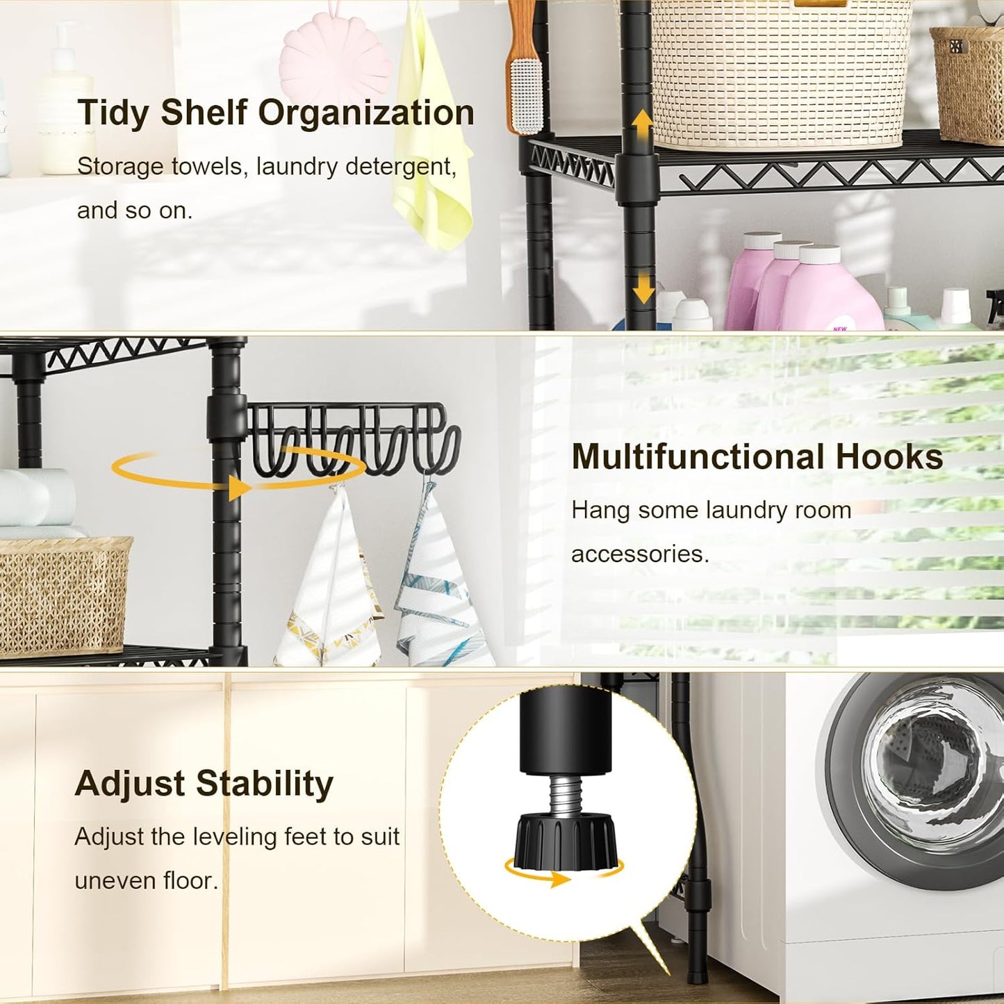 Ulif U8 Mini Laundry Room Storage Organizer, Over the Washer and Dryer Storage Shelves for Laundry Organization, 29.5”W x 17.3”D x 76.2”H, Suit Washing Machine Width within 27.1”, Hold 304 lb, Black