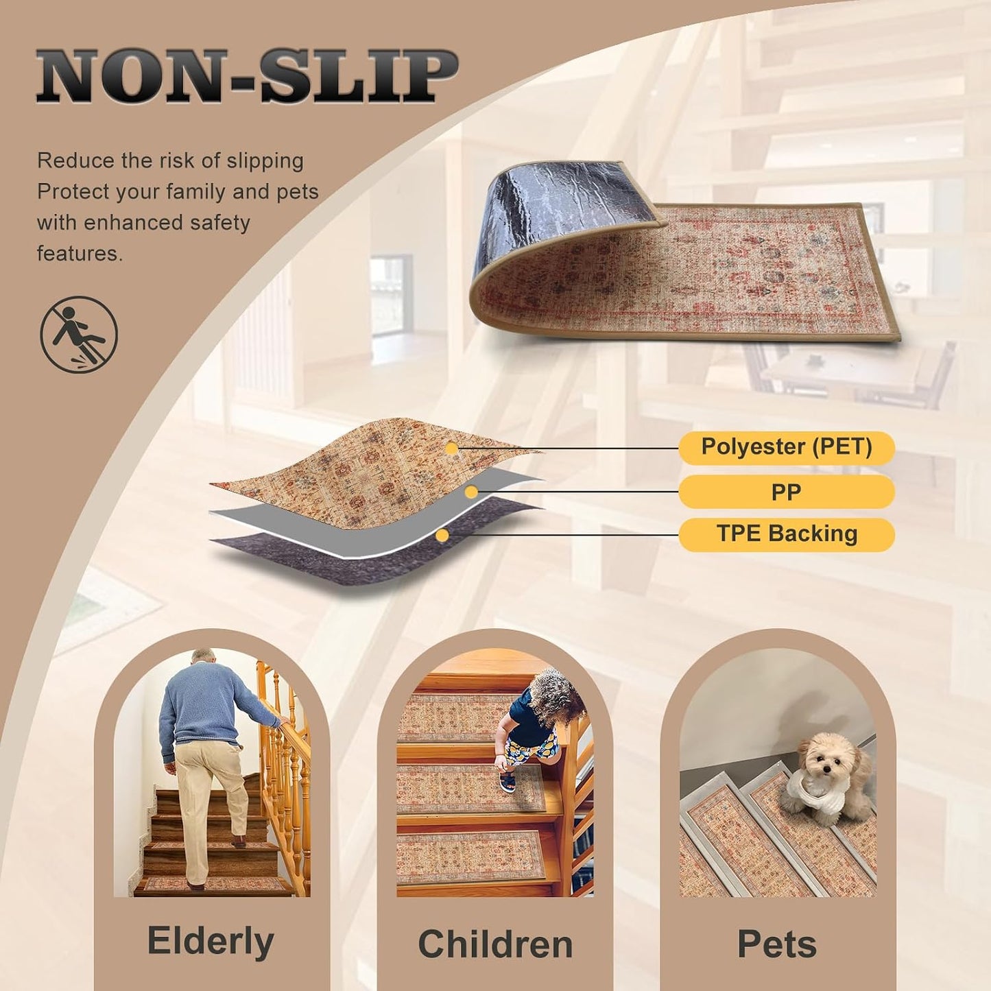Non Slip Stair Treads for Wooden Steps, 15 Pack 8"x30" Washable Carpet | 8x30 in soft chenille polyester stair treads with reusable TPE backing for indoor wood stairs, dogs, kids, and seniors
