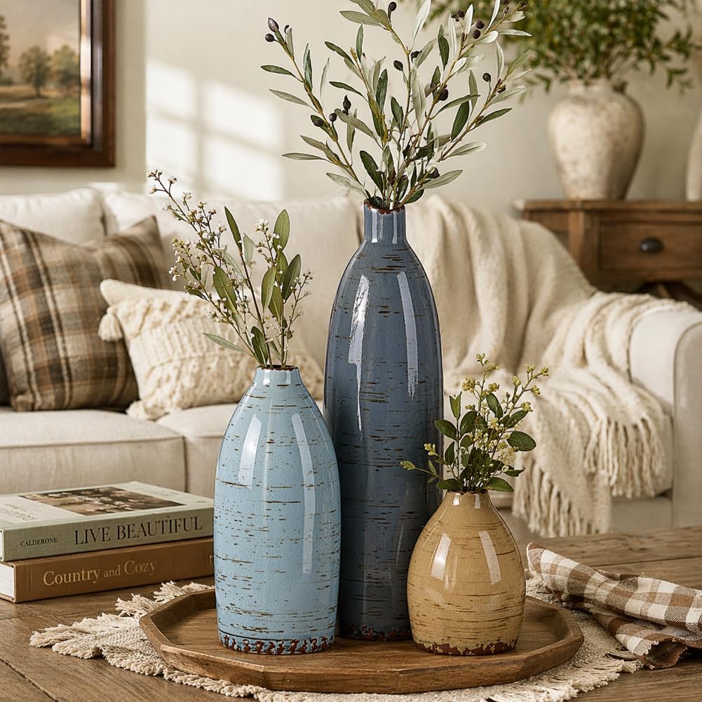 Ceramic Vase Set of 3, Neutral Vases Home Decor, Speckled White Distressed Pottery Rustic Farmhouse Decorative Vases, Small Vases for Table Mantel Entryway Bookshelf Living Room Kitchen Bedroom