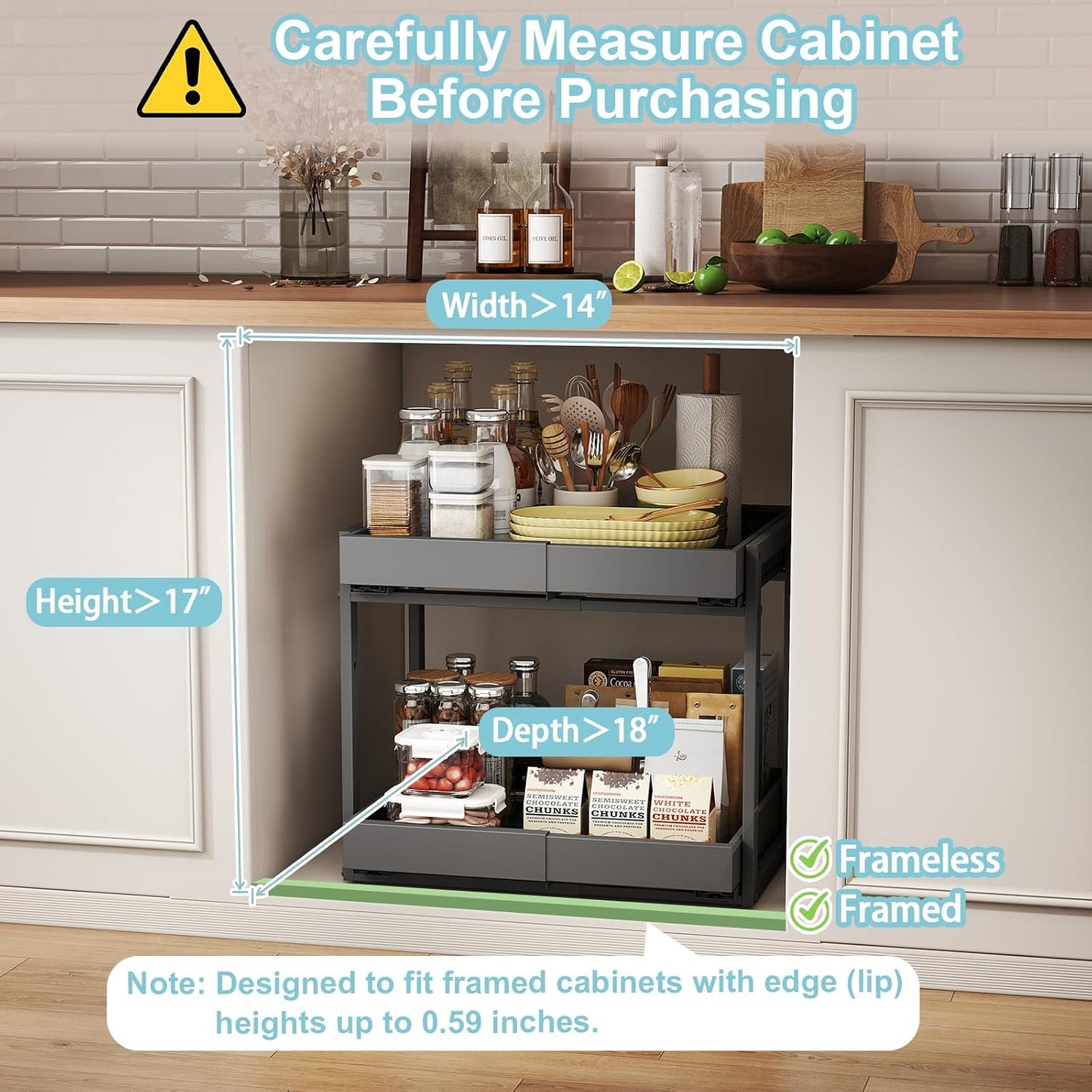 Golener 2-Tier Expandable Pull Out Cabinet Organizer - Slide Out Drawers for Kitchen Cabinets, Bathroom Organizers and Storage, Under Sink Organizer for Kitchen Storage Organization, White Metal Frame