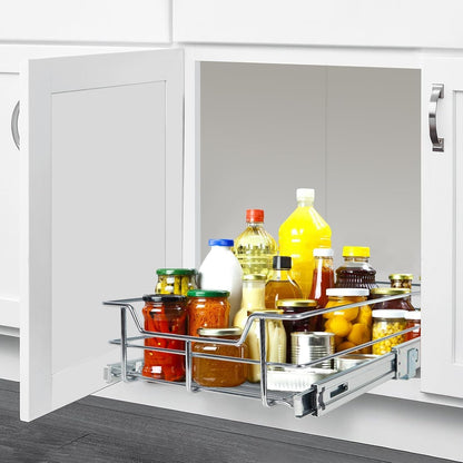 2 Tier Pull Out Cabinet Organizer 11" W X 22" D, Slide Out Drawers For Kitchen Cabinets, Pull Out Drawers For Cabinets Capacity Heavy Duty Caddy, Cabinet Pullout Shelves Chrome-Plated, Bathroom Pantry