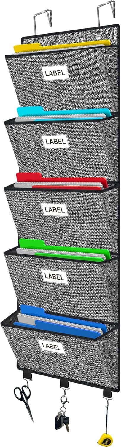 homyfort Over the Door File Organizer, Wall Hanging File Folders with 5 Large Pocket for Mails, Magazines, Back to School Supplies,Office Chart Storage, Paper Organization (Grey)
