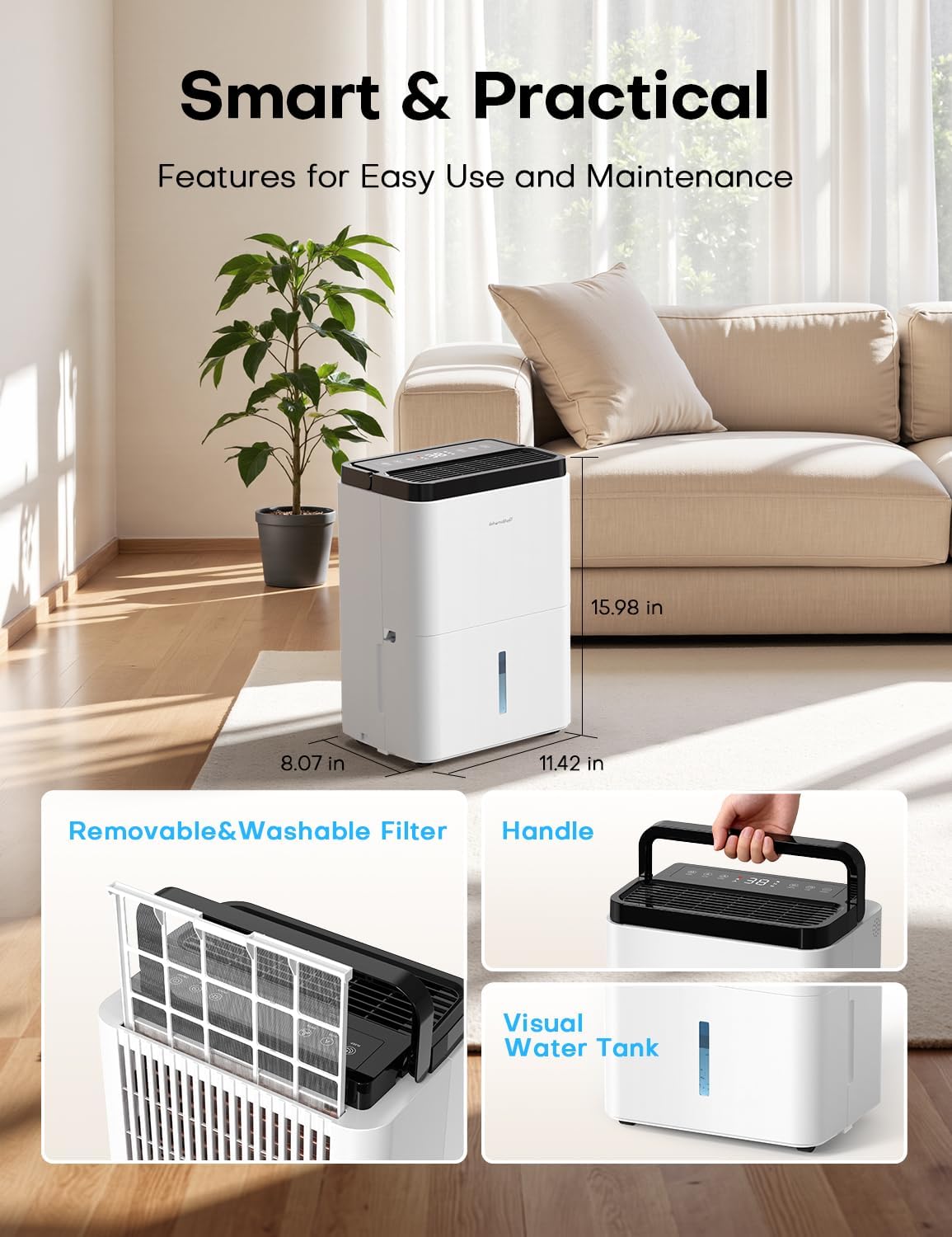 Dehumidifiers for Home, 35oz Dehumidifier for Bathroom with Auto Shut-off Auto Defrost, Whisper Quiet Dehumidifier for Bedroom Office RV Closet Wardrobe (White)