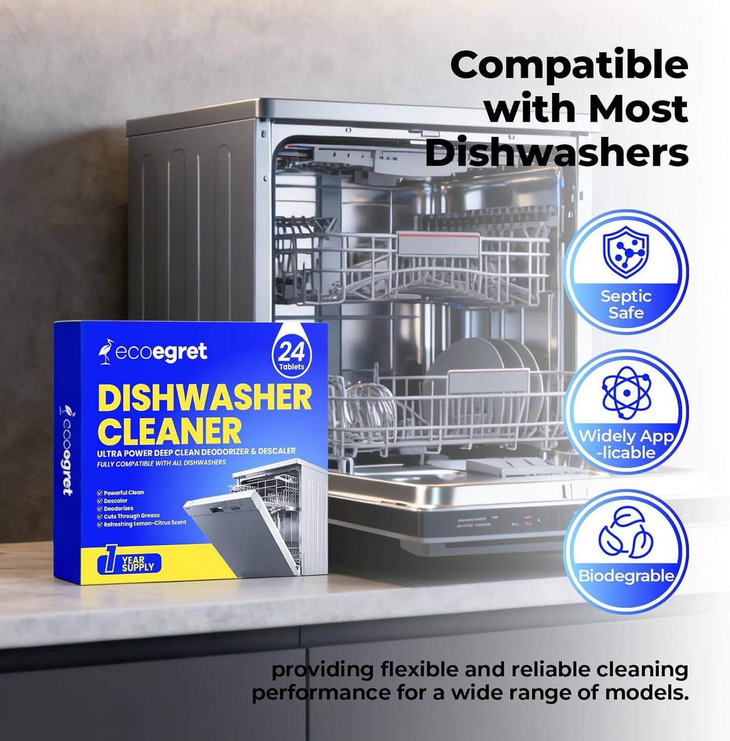 Dishwasher Cleaner Tablets (24 Count) - with Fresh Lemon Scent Dishwasher Cleaner and Deodorizer, Deep Cleans & Descales, Fits All Dishwashers, Septic Safe, 12 Month Supply