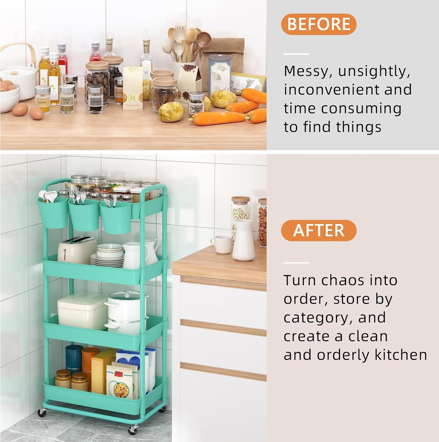 JIUYOTREE 4-Tier Plastic Rolling Storage Cart Utility Cart with Extra Hanging Cups Handles Lockable Wheels for Living Room Bathroom Kitchen Office White