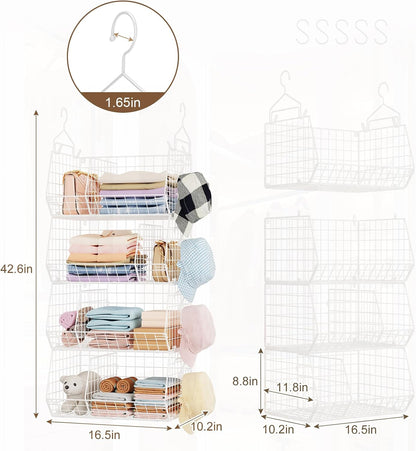 Jautokerdar 4 Tier Hanging Closet Organizer with Dividers,Extra Large Storage Hanging Shelf with 5 S Hooks 4 Dividers,Hang on Wire Closet Shelving Clothes Organizer-Black