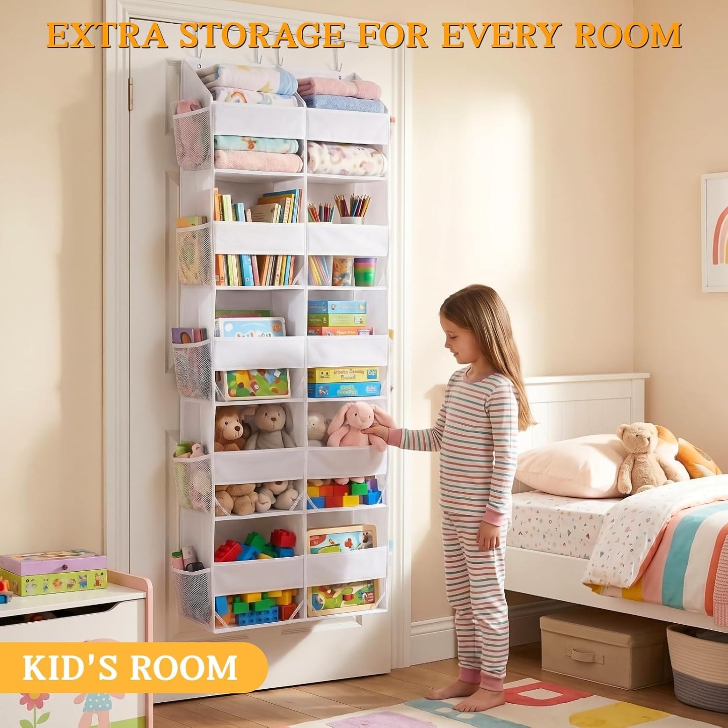 Over The Door Organizer, 5-Tier Extra Large Behind Door Storage with 10 Big Front & 10 Mesh Pockets, 80lb Capacity, Hanging Storage Organizer with Clear Window Kids Toys, Shoes, Diapers, Light Grey