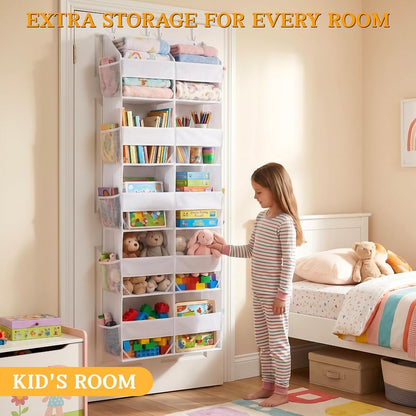 Over The Door Organizer, 5-Tier Extra Large Behind Door Storage with 10 Big Front & 10 Mesh Pockets, 80lb Capacity, Hanging Storage Organizer with Clear Window Kids Toys, Shoes, Diapers, Light Grey