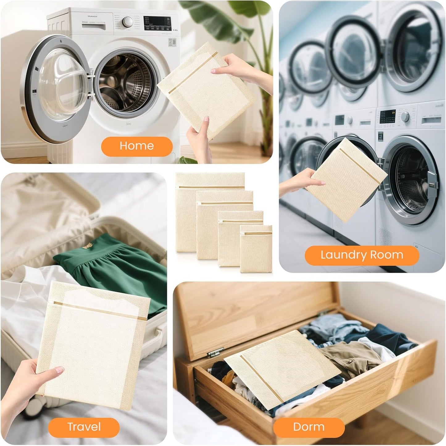 ABRRLO 4Pcs Cotton Mesh Laundry Bags for Delicates,Breathable Mesh Garment Bag for Washing Machine,Travel Wash Bags with Zipper for Bras,Underwear,Socks,Baby Clothes,Laundry Dorm Room Essentials(S)