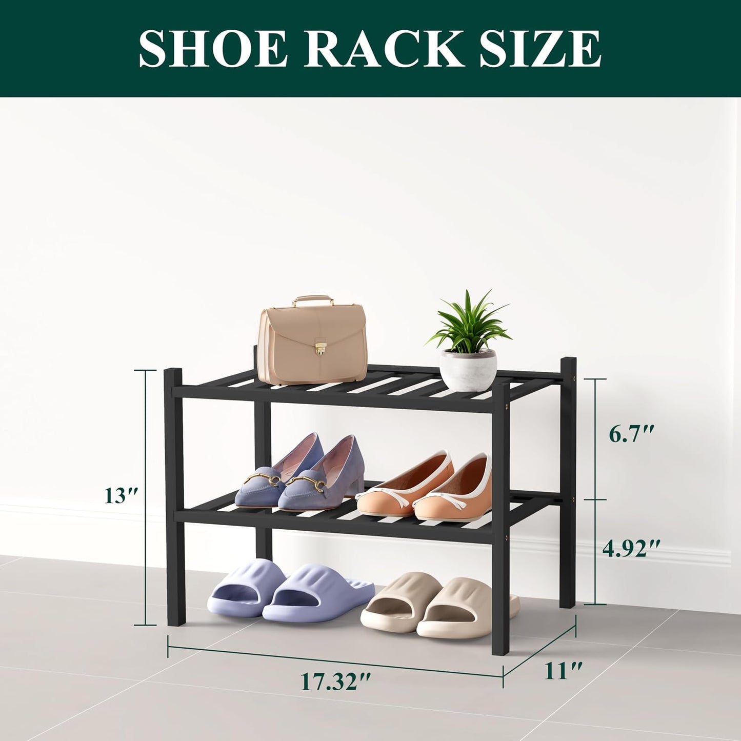 Smiry Bamboo Shoe Rack for Closet, 3 Tier Wooden Shoe Organizer, Stackable Wood Shoe Storage Shelf for Entryway, 14 Vertical Slats, One-piece Heavy-Duty Legs, 26.77"x11.02"x18.31", Natural