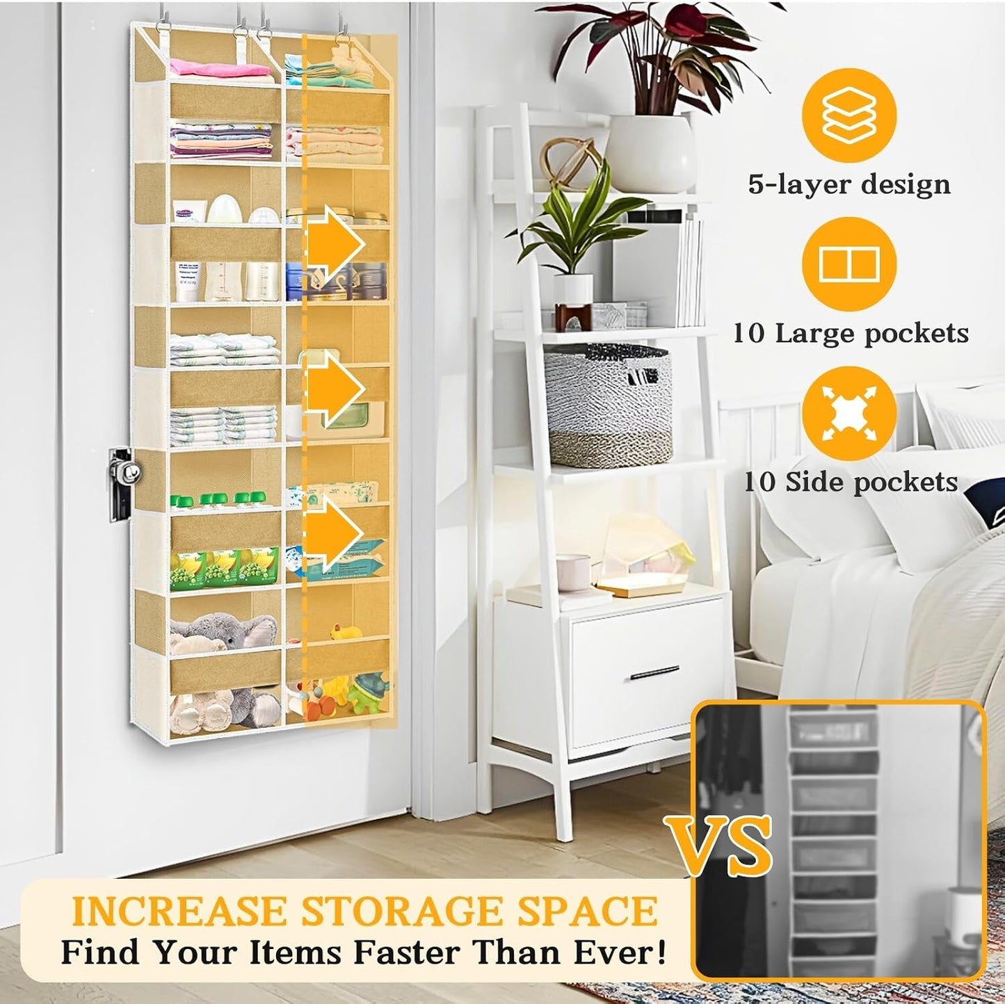 Over The Door Organizer, 5-Tier Extra Large Behind Door Storage with 10 Big Front & 10 Mesh Pockets, 80lb Capacity, Hanging Storage Organizer with Clear Window Kids Toys, Shoes, Diapers, Light Grey