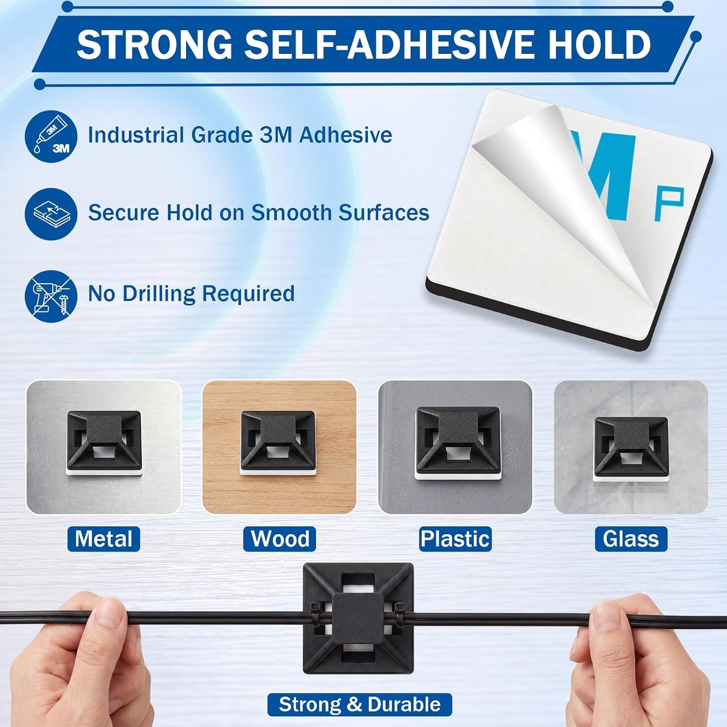 Reallnaive 300 Pcs 1/2" Black Self Adhesive Cable Zip Tie Mounts, Wire Cable Clips Holders Management Anchors Organizer Squares, Strong Adhesive Fasteners for Desk, Office & Home Cord Organizer