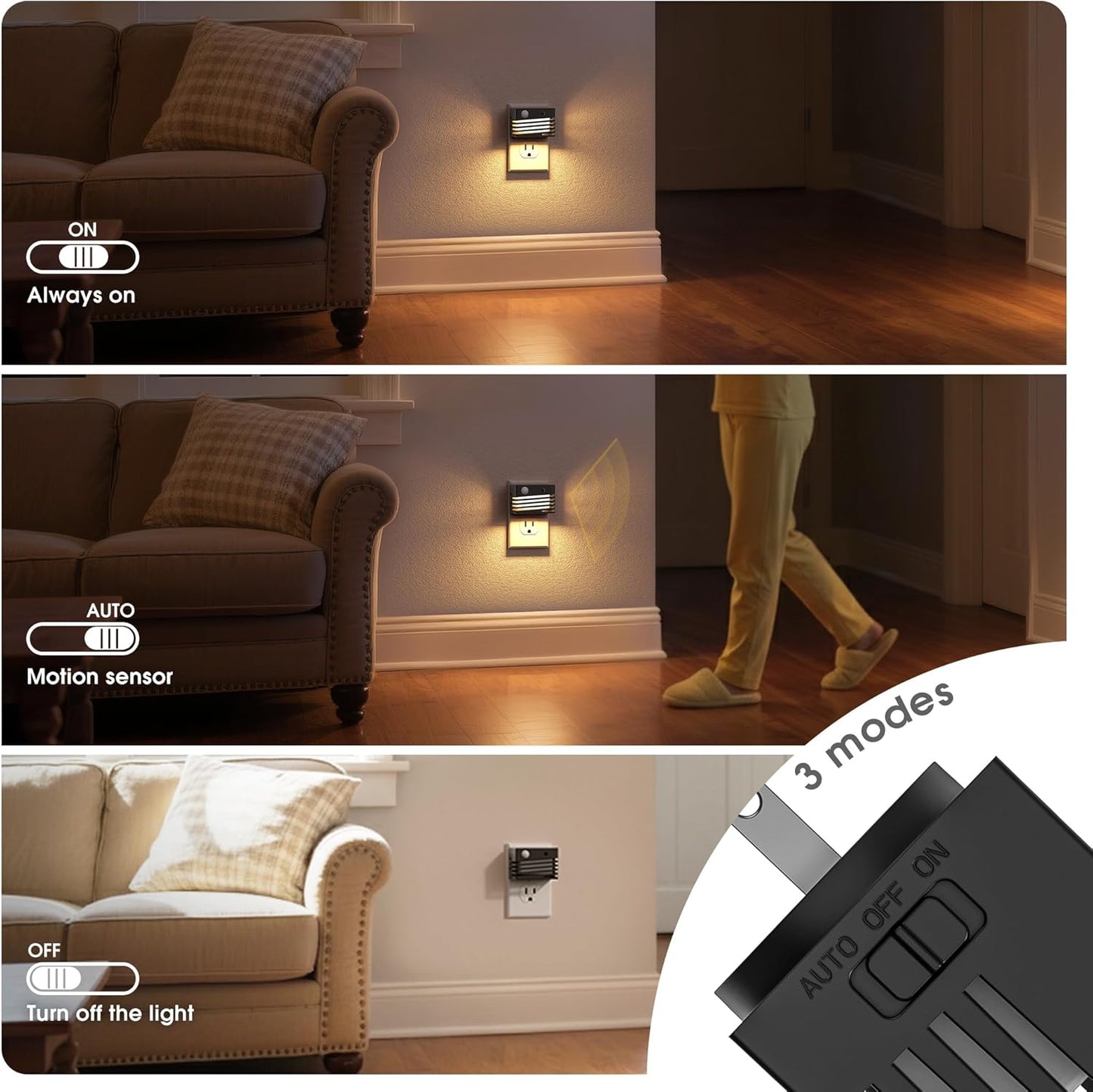 JandCase Motion Sensor Night Light, [2 Pack] Night Lights Plug into Wall, Dusk to Dawn & Motion Sensor, 3 Level Brightness Dimmable Plug in Night Light, 3000K Nightlight for Bedroom Bathroom Hallway