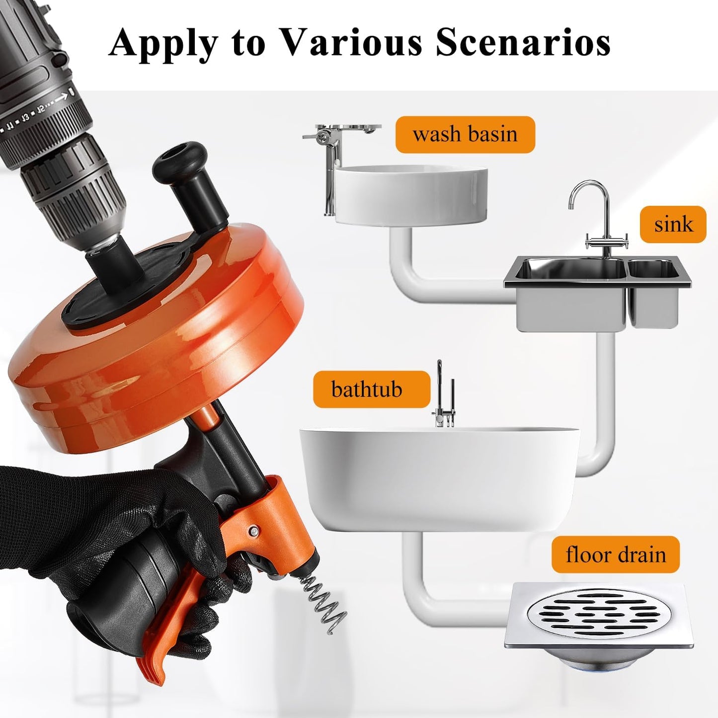 50 FT Plumbing Snake with Auto-Feed - Heavy Duty Drain Auger for Toilet/Sink/Shower/Bathtub Clogs, Drill-Compatible Sewer Snake Tool & Flexible Steel Cable - Snake Drain Hair Remover Tool