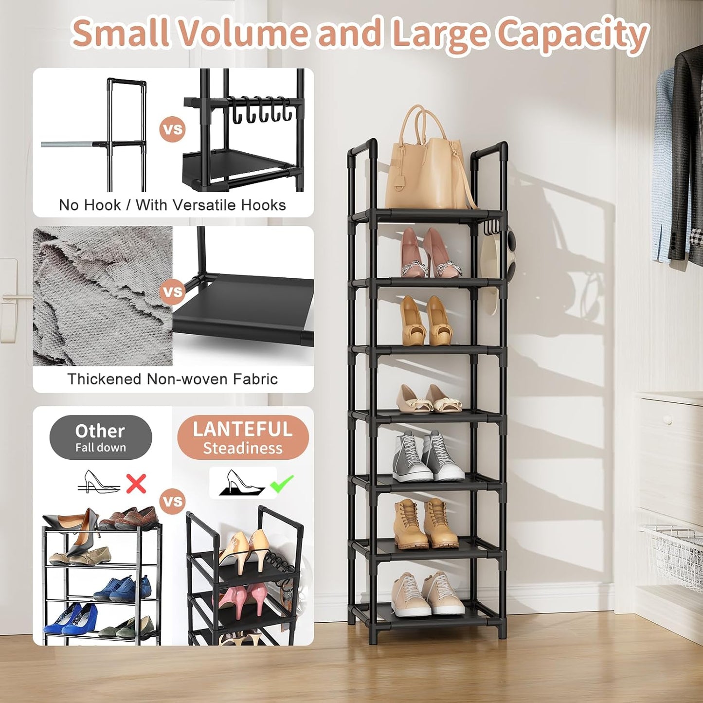 LANTEFUL Tall Narrow Shoe Rack for Entryway, 10-Tier Sturdy Metal Shoe Shelf Storage 10-15 Pairs of Shoes and Boots, Space Saving Corner Shoe Rack Organizer for Closet,Doorway,Garage,Living Room