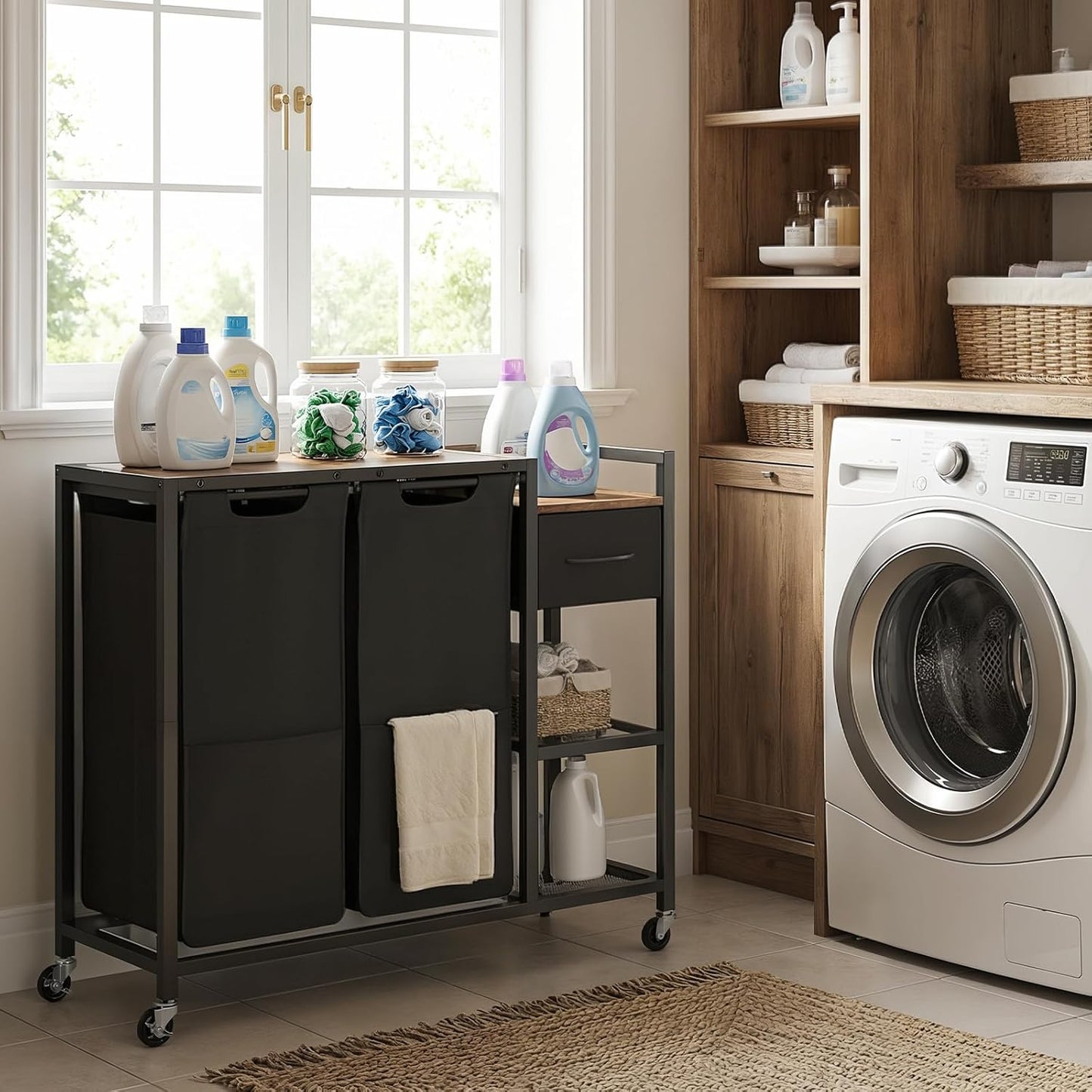 HOOBRO 2 Section Laundry Sorter with Shelf, 24 Gal. (90.8 L) Laundry Hamper with Wheels, Rolling Laundry Basket with Fabric Drawer, 3-Tier Shelves, Side Pockets, Black and Rustic Brown BF27XY01