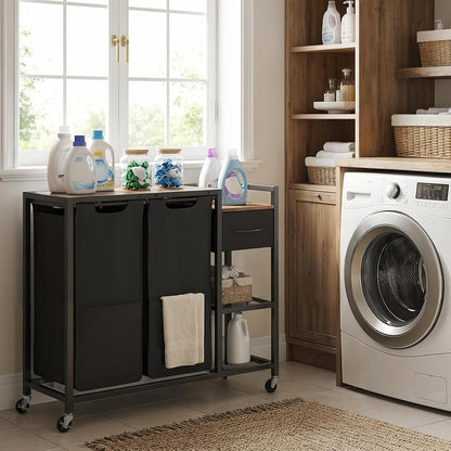 HOOBRO 2 Section Laundry Sorter with Shelf, 24 Gal. (90.8 L) Laundry Hamper with Wheels, Rolling Laundry Basket with Fabric Drawer, 3-Tier Shelves, Side Pockets, Black and Rustic Brown BF27XY01