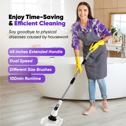 Electric Spin Scrubber Cordless – Powerful Bathroom Cleaning Brush with Long Handle, 2 Speeds, 3000mAh Rechargeable, 7 Brush Heads, Wall Hanger & Crevice Tools – Shower, Tub & Tile Cleaner