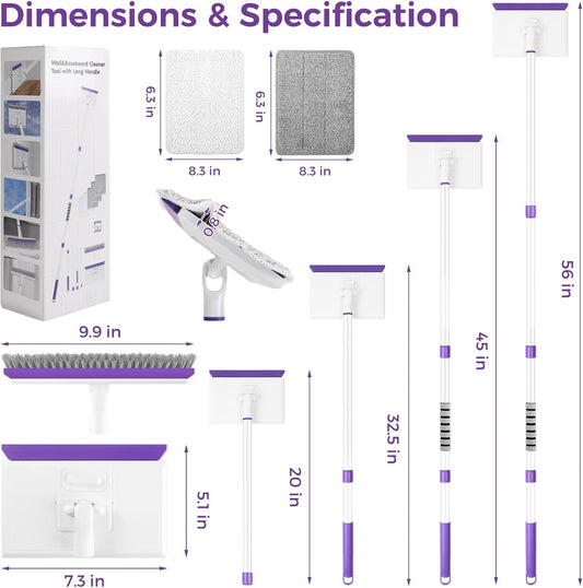 wlich Baseboard Cleaner Tool with Handle 2.0, 60" Extendable Long Handle, Dust Trapping and Locking, 5 Reusable Pads, Purple Base Boards Cleaning Tool for Moldings, Wall, Floor, Bathroom, Kitchen