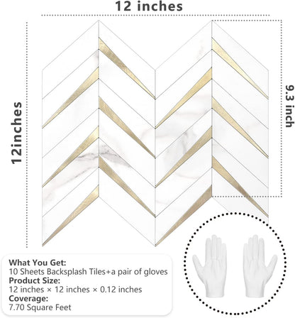 STICKGOO 10-Sheet Herringbone Tile Peel and Stick Backsplash, Beige Mixed Metal Gold PVC Stick on Backsplash, Self Adhesive Wall Tile for Kitchen and Bathroom