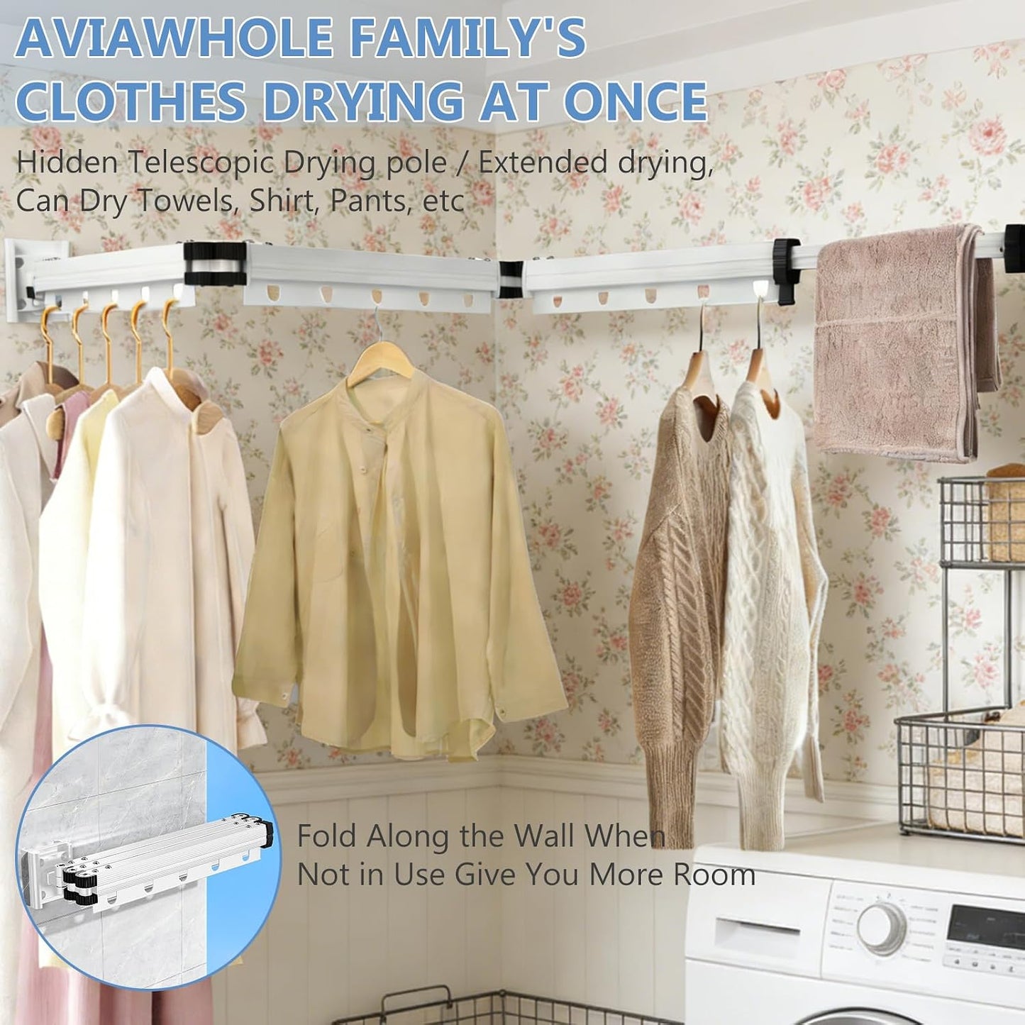 Clothes Drying Rack Wall Mounted with Suction Cup, Drying Racks for Laundry | 3-Fold Laundry Hanger Dryer Rack Space Saver, Retractable Laundry Rack for Mudroom, Wardrobe, Bathroom & Balcony
