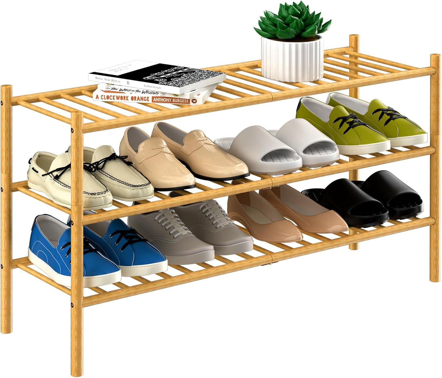 ROMGUAR CRAFT 3 Tier Bamboo Shoe Rack for Closet Free Standing Wood Shoe Shelf Storage Organizer for Entryway Small Space Stackable 27"x11"x20" (Natural)