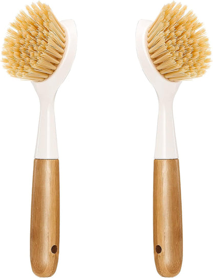 2 Pack Kitchen Dish Brush Bamboo Handle Dish Scrubber Built-in Scraper, Scrub Brush for Pans, Pots, Kitchen Sink Cleaning, Dishwashing and Cleaning Brushes are Perfect Cleaning Tools, White
