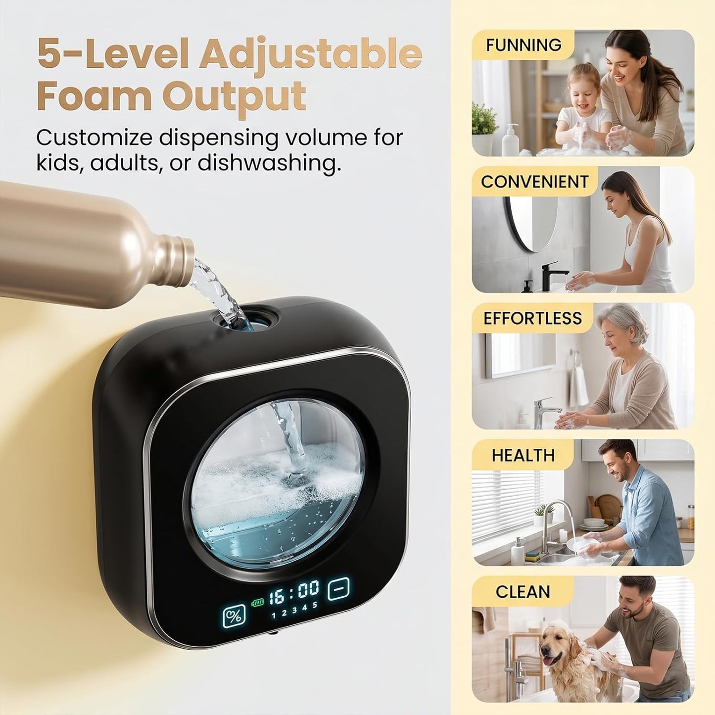 Automatic Foam Soap Dispenser Bathroom,Wall Mounted Touchless Foaming Soap Dispenser Rechargeable with Smart LCD Display & 5-Level Adjustable Foam,Electric Dispenser for Kitchen Office (White)